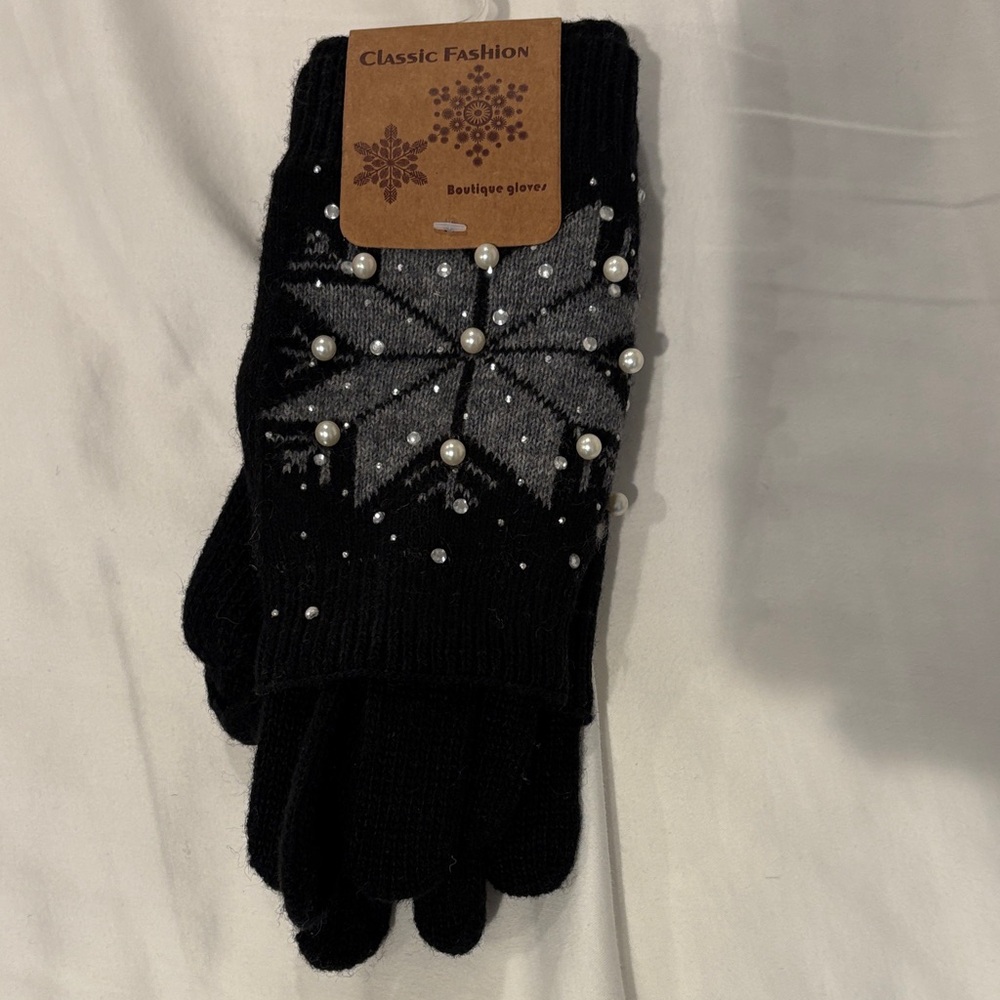 Classic Fashion Black and Gray Pearl-Embellished Women's Gloves